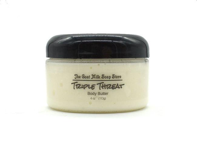 Triple Threat Body ButterThoughtfully prepared for dry irritated skin. Cocoa Butter, Shea Butter and Mango Butter blend to provide long lasting moistruization that won't leave you feeling greasy. Left undisturbed, this blend is naturally unscented using only natural ingredients. Size: 4.0 oz More Info: Three Moisturizers Animal Cruelty Free Paraben Free Phthalate Free Petrolatum Free